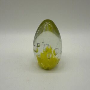 Yellow Hand-Blown Vintage Art Glass Egg Paperweight with Controlled Bubbles 3"